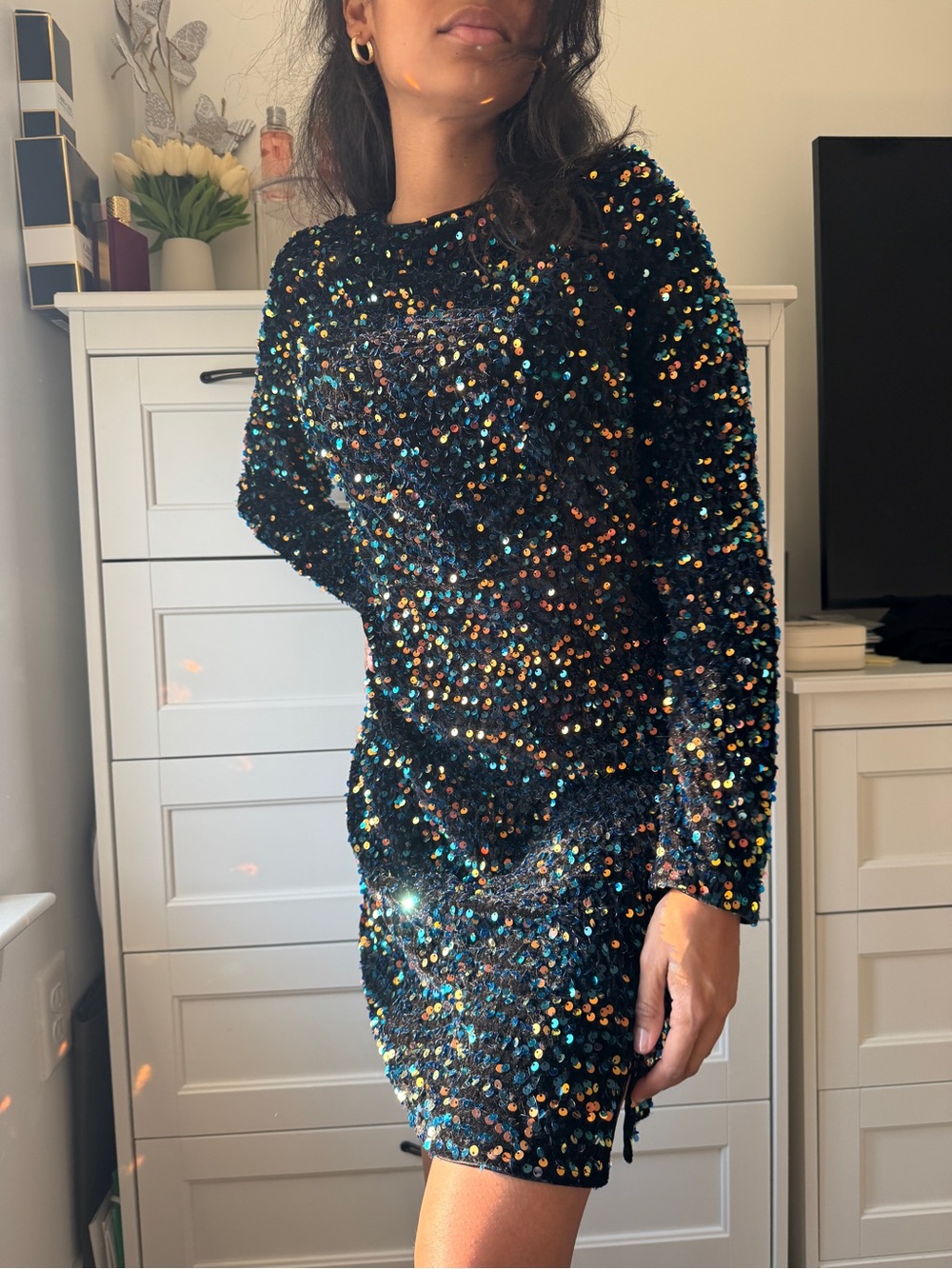 Black Long-Sleeve Sequin Mini Dress with Multicolor Sparkle